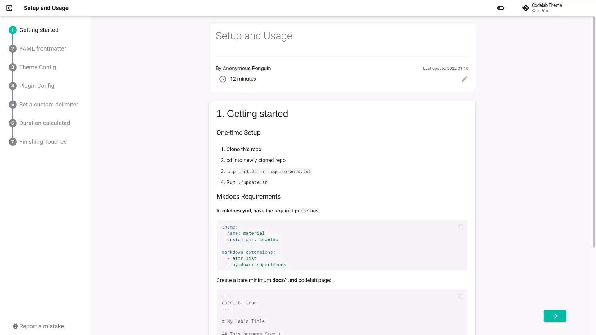 Mkdocs codelab page showing step 1 of the theme.