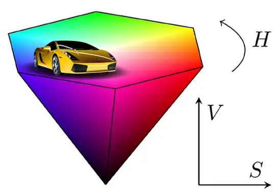 A racecar driving around a rainbow pyramid.